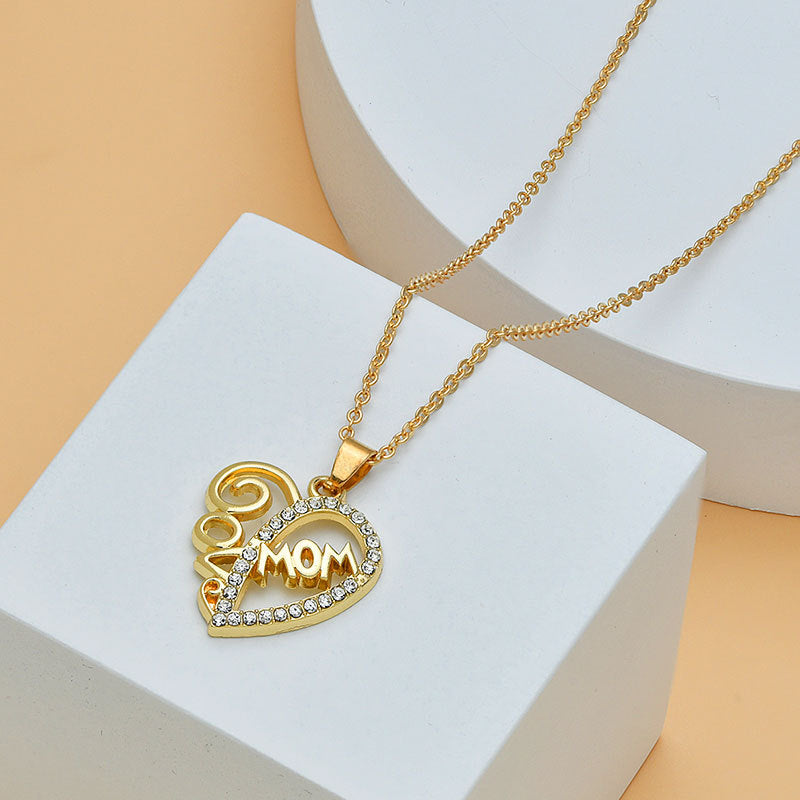 Mother's Day Mom Heart Shape With Diamond Letter Necklace..